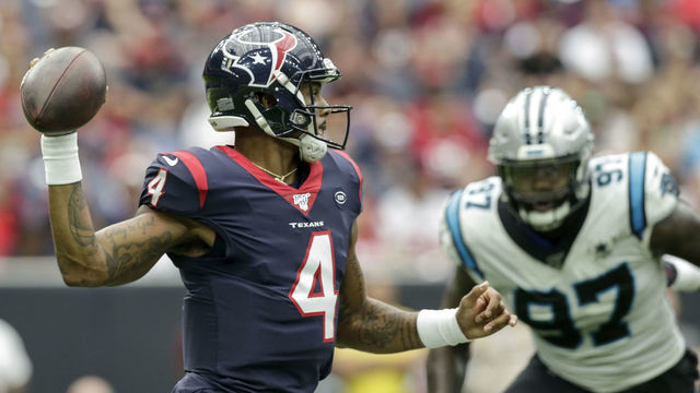 HOUSTON, TX - SEPTEMBER 29: Deshaun Watson #4 of the Houston Texans throws a pass in the first half against the Carolina Panthers at NRG Stadium on September 29, 2019 in Houston, Texas.