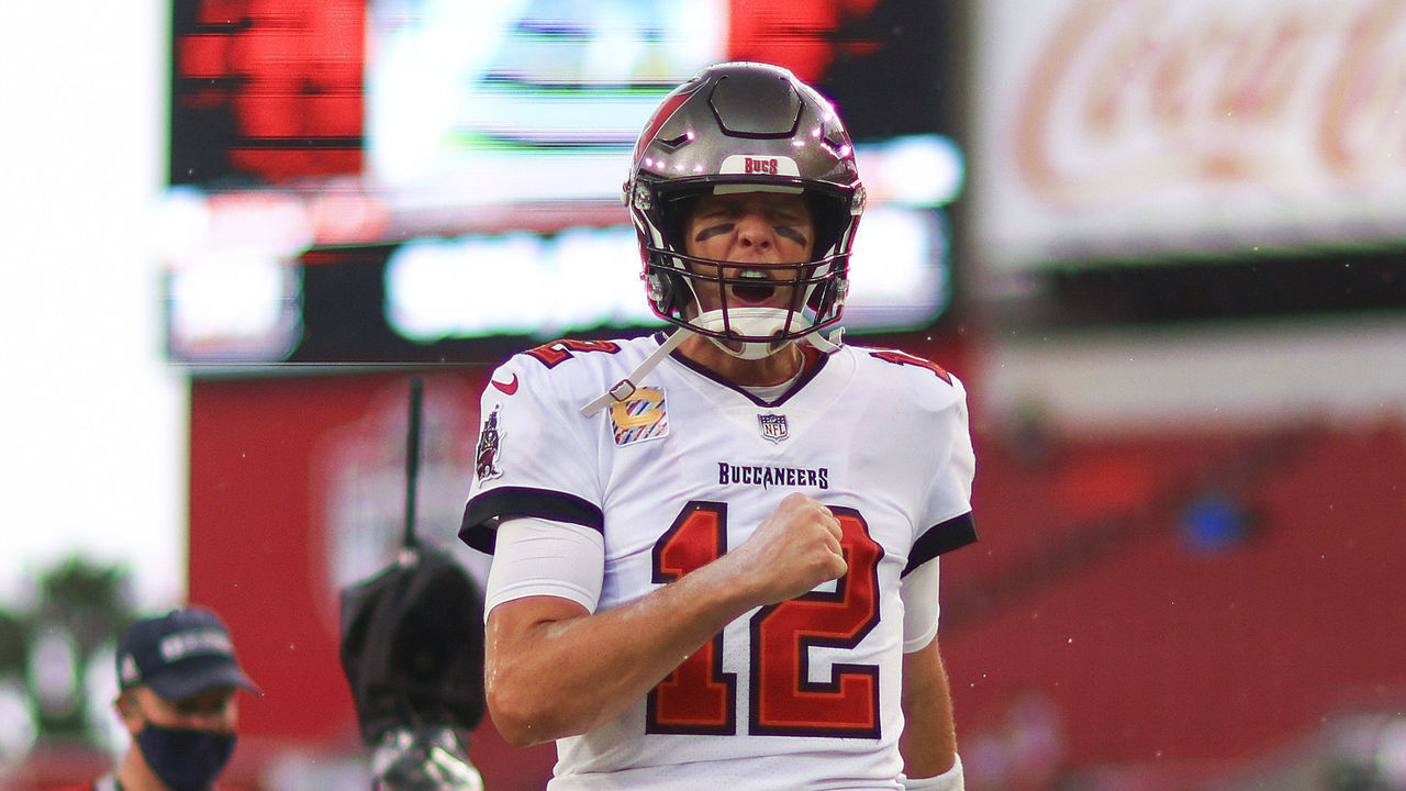 TAMPA, FLORIDA - OCTOBER 24: Tom Brady #12 of the Tampa Bay Buccaneers warms up before the game against the Chicago Bears at Raymond James Stadium on October 24, 2021 in Tampa, Florida.