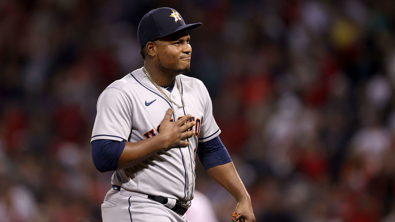 BOSTON, MASSACHUSETTS - OCTOBER 20: Framber Valdez #59 of the Houston Astros walks off the mound after the seventh inning of Game Five of the American League Championship Series against the Boston Red Sox at Fenway Park on October 20, 2021 in Boston, Massachusetts.