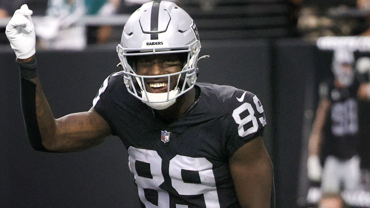LAS VEGAS, NEVADA - OCTOBER 24: Bryan Edwards #89 of the Las Vegas Raiders celebrates a touchdown by teammate Kenyan Drake #23, not pictured, during the second half in the game against the Philadelphia Eagles at Allegiant Stadium on October 24, 2021 in Las Vegas, Nevada.