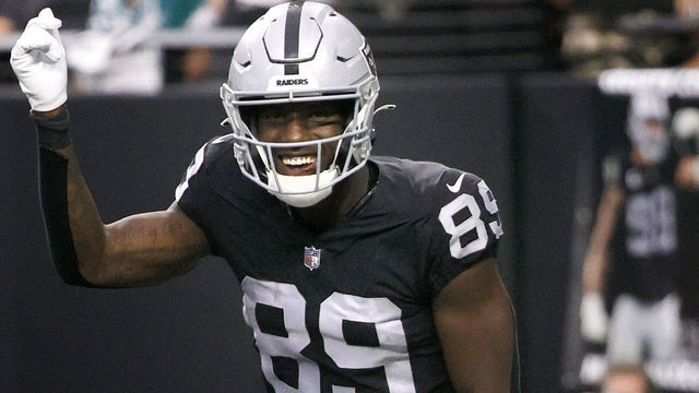 LAS VEGAS, NEVADA - OCTOBER 24: Bryan Edwards #89 of the Las Vegas Raiders celebrates a touchdown by teammate Kenyan Drake #23, not pictured, during the second half in the game against the Philadelphia Eagles at Allegiant Stadium on October 24, 2021 in Las Vegas, Nevada.