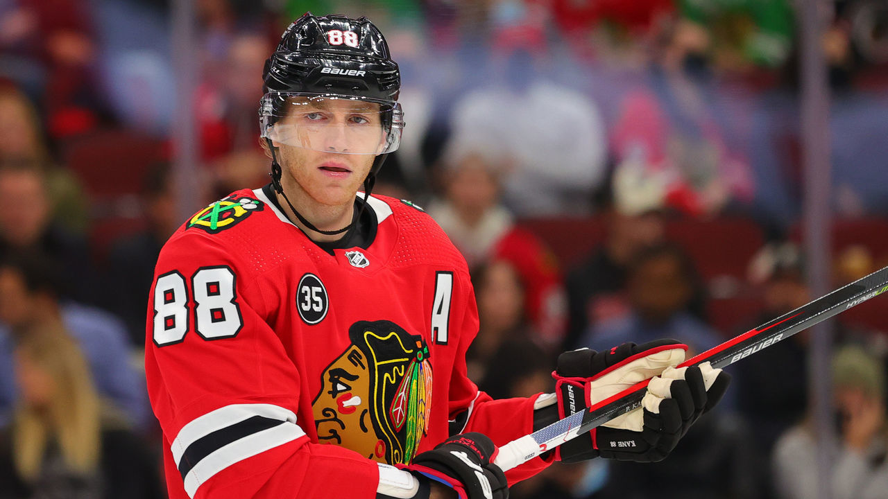CHICAGO, IL - OCTOBER 21: Chicago Blackhawks right wing Patrick Kane (88) looks on during a game between the Chicago Blackhawks and the Vancouvers Canucks on October 21, 2021 at the United Center in Chicago, IL.