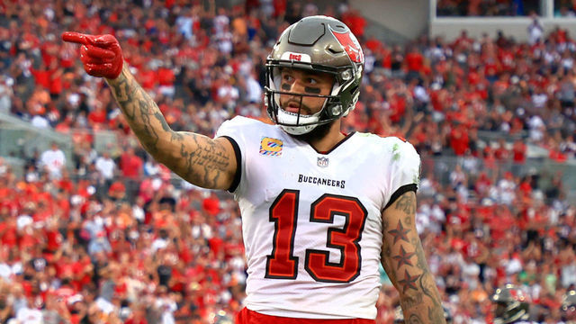 TAMPA, FLORIDA - OCTOBER 24: Mike Evans #13 of the Tampa Bay Buccaneers reacts in the second quarter against the Chicago Bears in the game at Raymond James Stadium on October 24, 2021 in Tampa, Florida.
