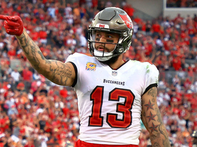 TAMPA, FLORIDA - OCTOBER 24: Mike Evans #13 of the Tampa Bay Buccaneers reacts in the second quarter against the Chicago Bears in the game at Raymond James Stadium on October 24, 2021 in Tampa, Florida.