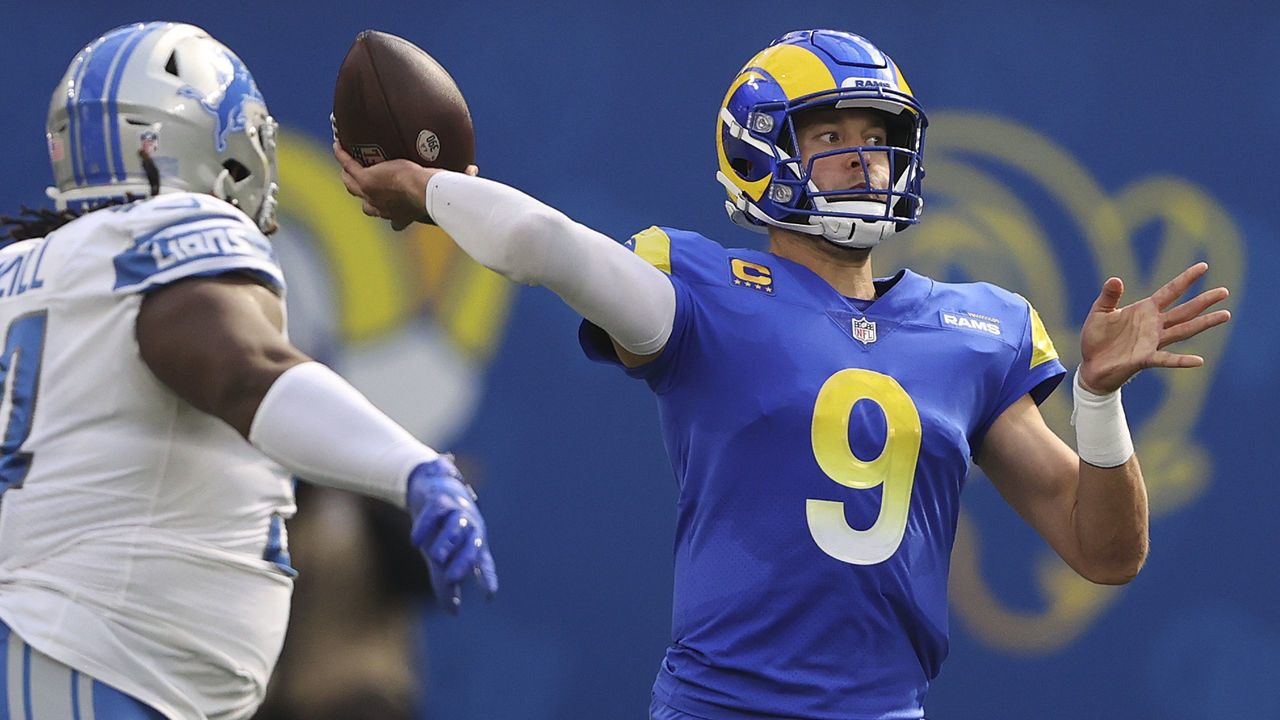 INGLEWOOD, CALIFORNIA - OCTOBER 24: Matthew Stafford #9 of the Los Angeles Rams throws the ball during the second half in the game against the Detroit Lions at SoFi Stadium on October 24, 2021 in Inglewood, California.
