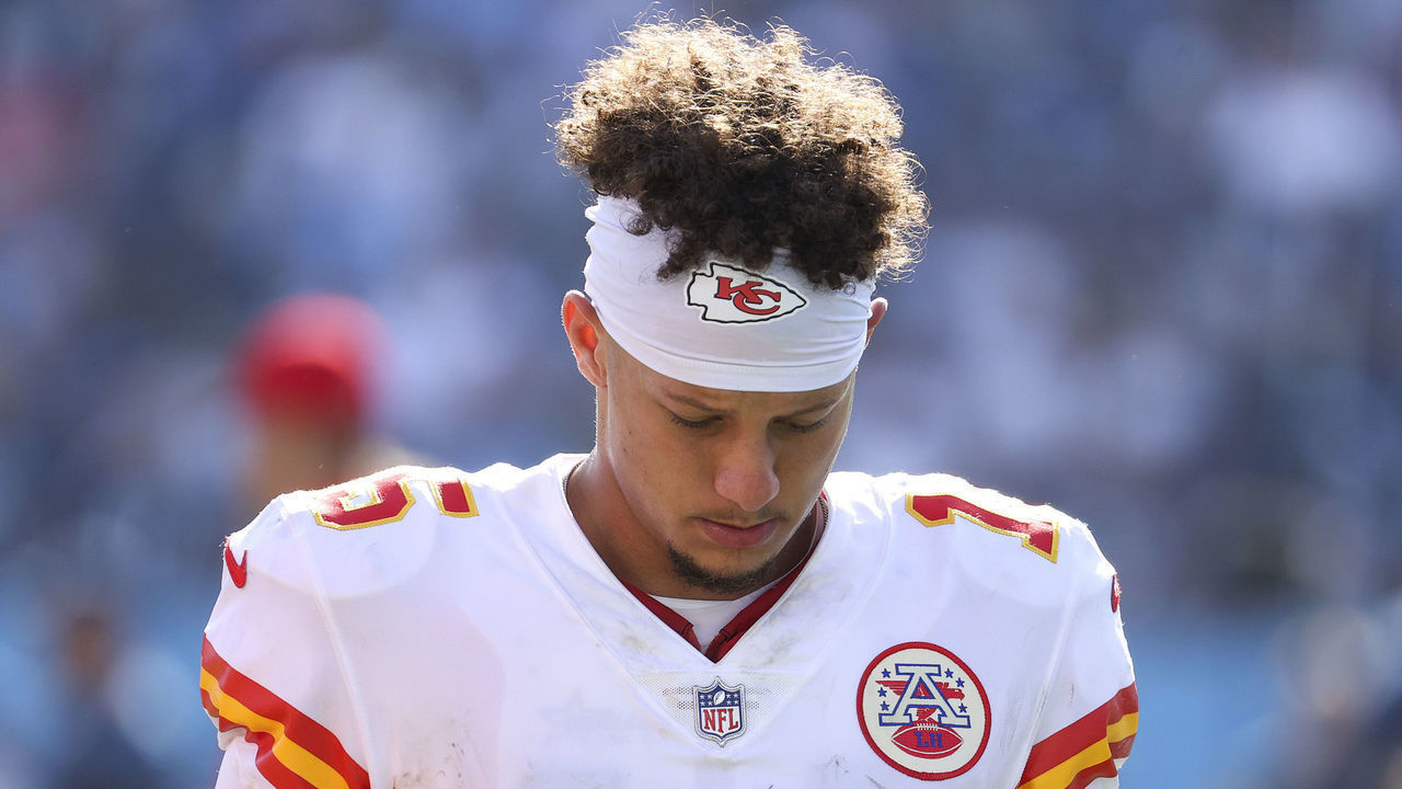 NASHVILLE, TENNESSEE - OCTOBER 24: Patrick Mahomes #15 of the Kansas City Chiefs walks across the field in the fourth quarter against the Tennessee Titans in the game at Nissan Stadium on October 24, 2021 in Nashville, Tennessee.