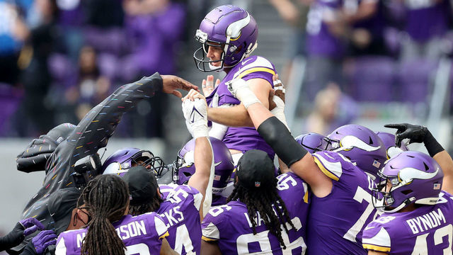 MINNEAPOLIS, MINNESOTA - OCTOBER 10: Greg Joseph #1 of the Minnesota Vikings is carried off the field after kicking a 54 yard field goal to win the game in the final seconds against the Detroit Lions at U.S. Bank Stadium on October 10, 2021 in Minneapolis, Minnesota. The Minnesota Vikings defeated the Detroit Lions 19-17.