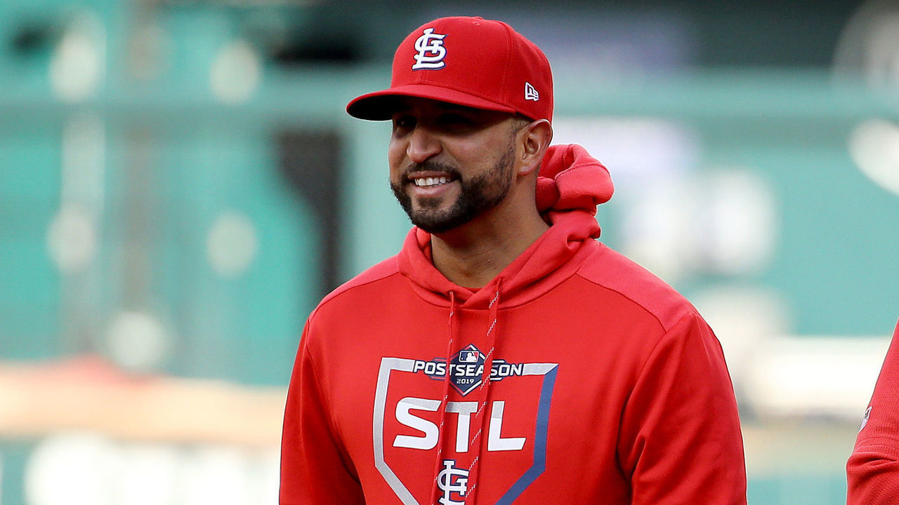 ST LOUIS, MISSOURI - OCTOBER 11: (L-R) Bench coach Oliver Marmol and manager Mike Shildt #8 of the St. Louis Cardinals look on during batting practice prior to game one of the National League Championship Series against the Washington Nationals at Busch Stadium on October 11, 2019 in St Louis, Missouri.