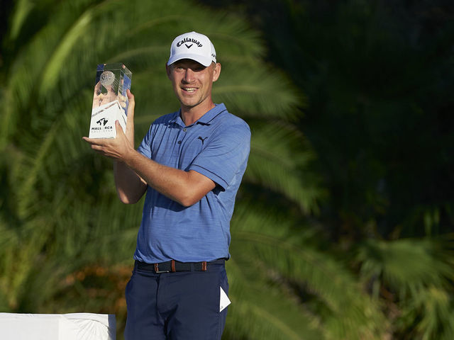 MALLORCA, SPAIN - OCTOBER 24: Jeff Winther of Denmark celebrates with the winners trophy after the final round during Day Four of Mallorca Golf Open at Golf Santa Ponsa on October 24, 2021 in Mallorca, Spain.