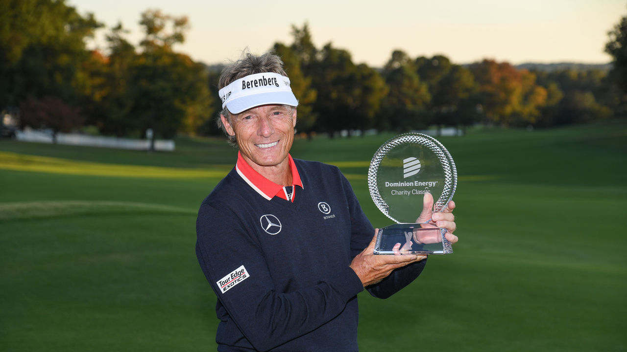 RICHMOND, VA - OCTOBER 24: Bernhard Langer of Germany holds the trophy on the 18th green after the final round of the PGA TOUR Champions Dominion Energy Charity Classic at The Country Club of Virginia on October 24, 2021 in Richmond, Virginia.