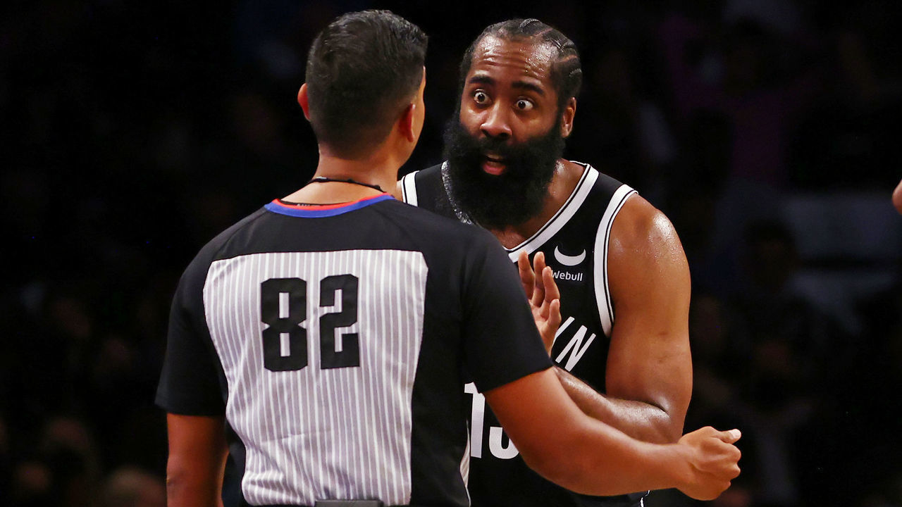 NEW YORK, NY - OCTOBER 24: James Harden #13 of the Brooklyn Nets has words with referee Suyash Mehta #82 during the second half of a game at Barclays Center on October 24, 2021 in New York City. The Hornets defeated the Nets 111-95.