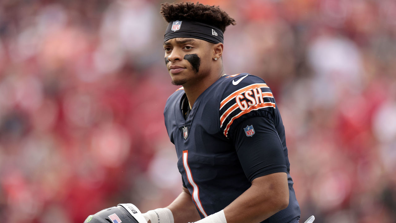 TAMPA, FLORIDA - OCTOBER 24: Justin Fields #1 of the Chicago Bears walks across the field in the first quarter against the Tampa Bay Buccaneers in the game at Raymond James Stadium on October 24, 2021 in Tampa, Florida.