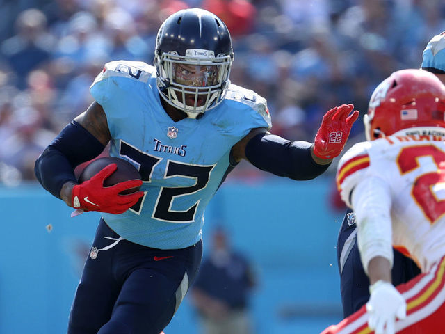 NASHVILLE, TENNESSEE - OCTOBER 24: Derrick Henry #22 of the Tennessee Titans runs with the ball in the second quarter against the Kansas City Chiefs in the game at Nissan Stadium on October 24, 2021 in Nashville, Tennessee.