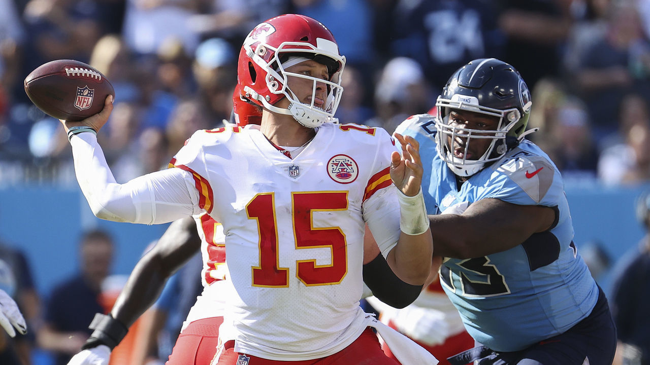 NASHVILLE, TENNESSEE - OCTOBER 24: Patrick Mahomes #15 of the Kansas City Chiefs drops back to pass in the third quarter against the Tennessee Titans in the game at Nissan Stadium on October 24, 2021 in Nashville, Tennessee.