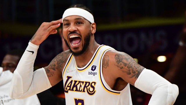 LOS ANGELES, CA - OCTOBER 24: Carmelo Anthony #7 of the Los Angeles Lakers celebrates during the game against the Memphis Grizzlies on October 24, 2021 at STAPLES Center in Los Angeles, California. NOTE TO USER: User expressly acknowledges and agrees that, by downloading and/or using this Photograph, user is consenting to the terms and conditions of the Getty Images License Agreement. Mandatory Copyright Notice: Copyright 2021 NBAE