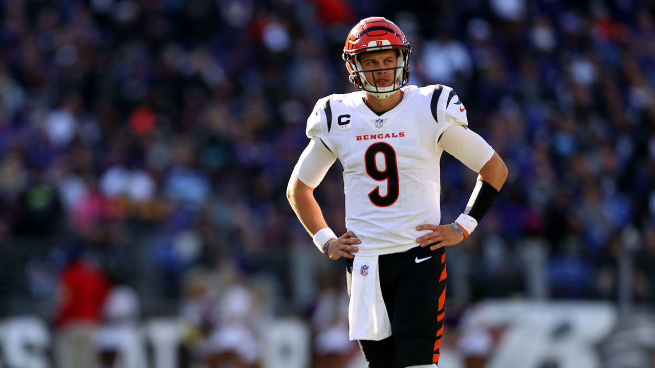 BALTIMORE, MARYLAND - OCTOBER 24: Quarterback Joe Burrow #9 of the Cincinnati Bengals looks on during a timeout against the Baltimore Ravens at M&T Bank Stadium on October 24, 2021 in Baltimore, Maryland.