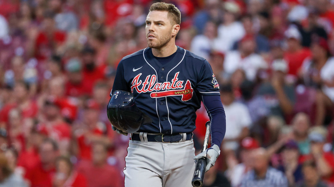 CINCINNATI, OHIO - JUNE 24: Freddie Freeman #5 of the Atlanta Braves reacts after striking out in the fifth inning against the Cincinnati Reds at Great American Ball Park on June 24, 2021 in Cincinnati, Ohio.