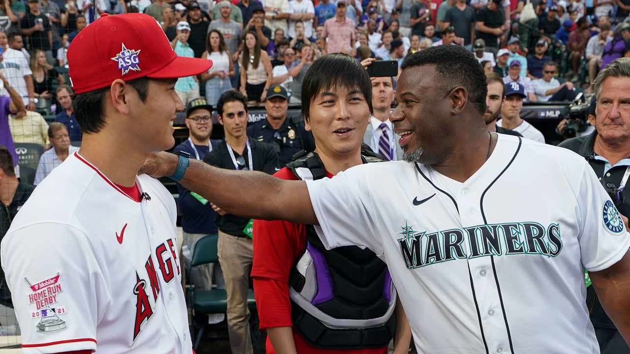DENVER, COLORADO - JULY 12: Ken Griffey Jr. talks with Shohei Ohtani #17 of the Los Angeles Angels during the 2021 T-Mobile Home Run Derby at Coors Field on July 12, 2021 in Denver, Colorado.