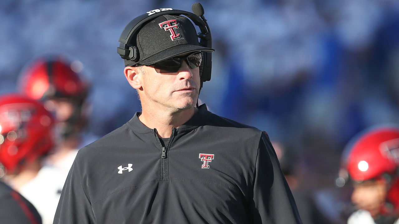LAWRENCE, KS - OCTOBER 16: Texas Tech Red Raiders head coach Matt Wells in the third quarter of a Big 12 football game between the Texas Tech Red Raiders and Kansas Jayhawks on Oct 16, 2021 at Memorial Stadium in Lawrence, KS.