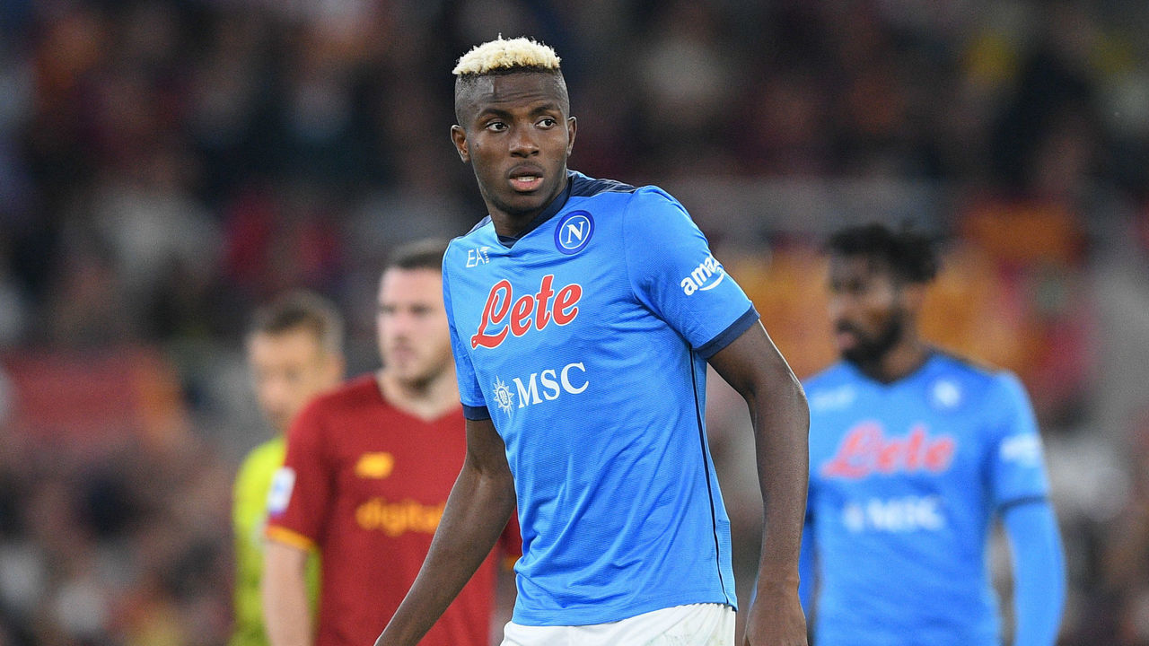 Victor Osimhen of SSC Napoli looks on during the Serie A match between AS Roma and SSC Napoli Calcio at Stadio Olimpico, Rome, Italy on 24 October 2021.