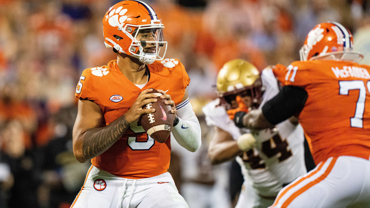 CLEMSON, SOUTH CAROLINA - OCTOBER 02: Quarterback D.J. Uiagalelei #5 of the Clemson Tigers drops back to pass against the Boston College Eagles during their game at Clemson Memorial Stadium on October 02, 2021 in Clemson, South Carolina.