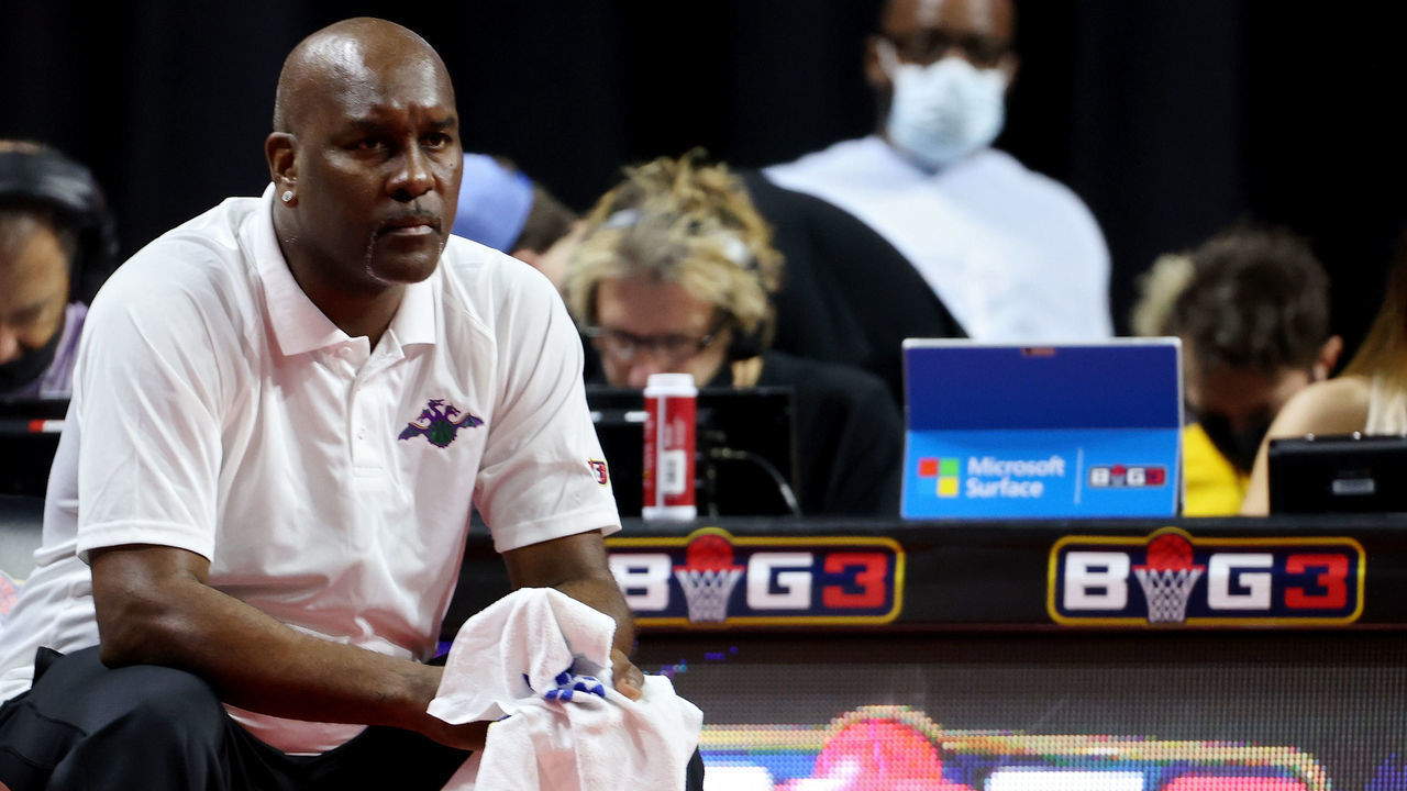 LAS VEGAS, NEVADA - AUGUST 14: Coach Gary Payton of the 3 Headed Monsters looks on during the game Ball Hogs during BIG3 - Week Seven at the Orleans Arena on August 14, 2021 in Las Vegas, Nevada.