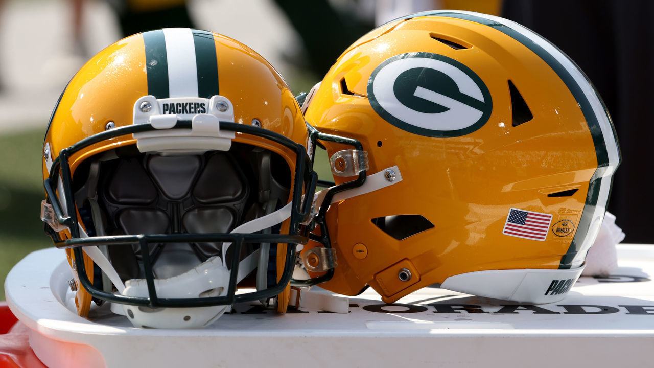 ORCHARD PARK, NY - AUGUST 28: A general view of a Green Bay Packers helmet on the sideline during a game against the Buffalo Bills at Highmark Stadium on August 28, 2021 in Orchard Park, New York.