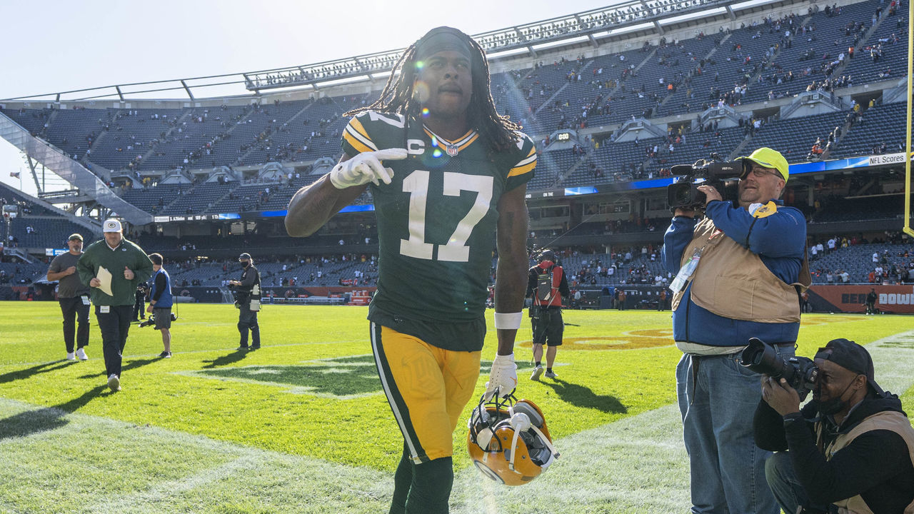CHICAGO, IL - OCTOBER 17: Green Bay Packers wide receiver Davante Adams (17) celebrates with teammates and fans after defeating the Chicago Bears by the sore of 24-14 on October 17, 2021, at Soldier field in Chicago, IL.
