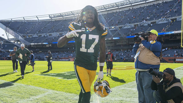 CHICAGO, IL - OCTOBER 17: Green Bay Packers wide receiver Davante Adams (17) celebrates with teammates and fans after defeating the Chicago Bears by the sore of 24-14 on October 17, 2021, at Soldier field in Chicago, IL.
