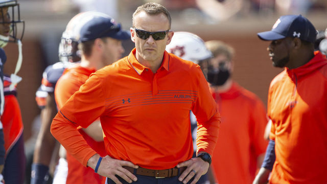 AUBURN, ALABAMA - SEPTEMBER 25: Head coach Bryan Harsin of the Auburn Tigers prior to their game against the Georgia State Panthers at Jordan-Hare Stadium on September 25, 2021 in Auburn, Alabama.