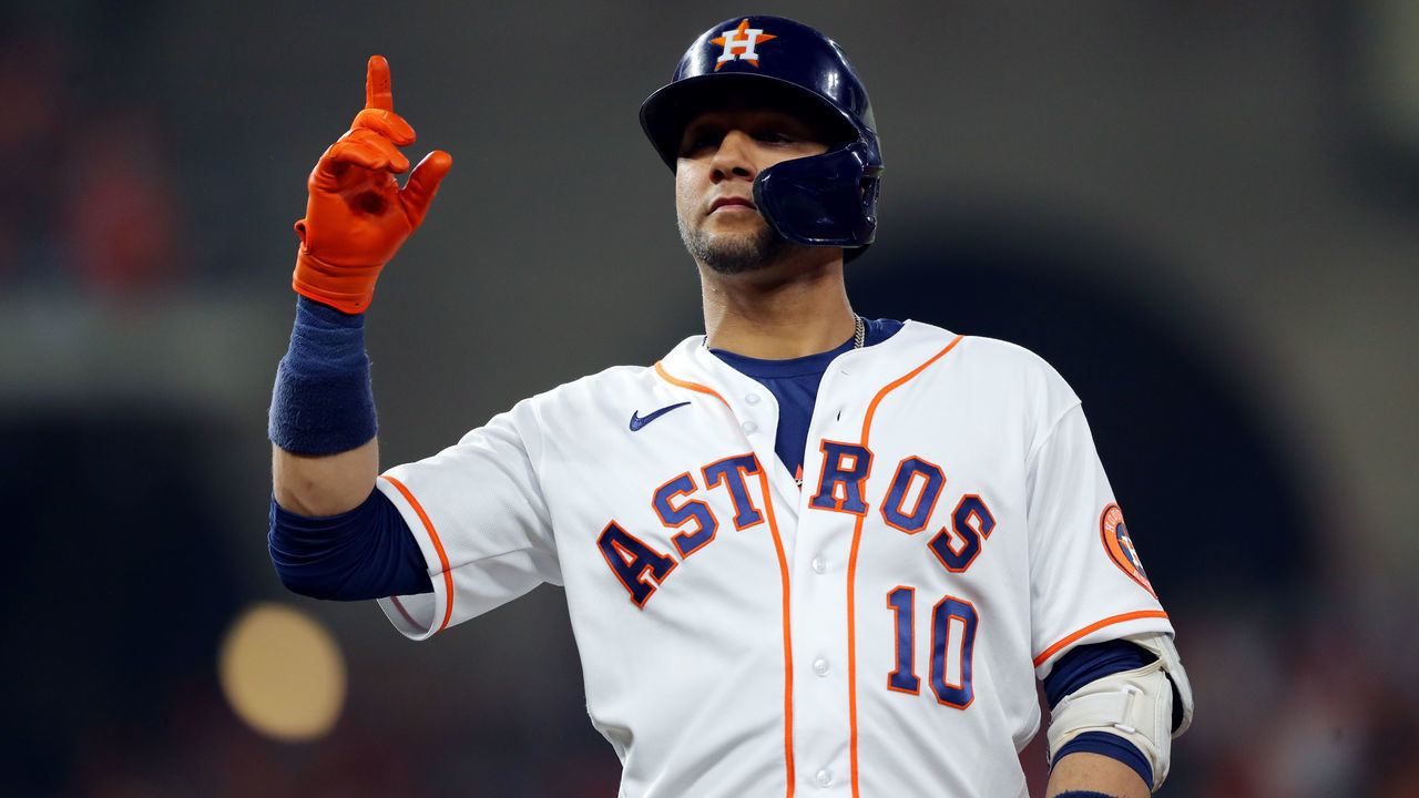 HOUSTON, TX - OCTOBER 15: Yuli Gurriel #10 of the Houston Astros reacts to hitting a single in the second inning during Game 1 of the ALCS between the Boston Red Sox and the Houston Astros at Minute Maid Park on Friday, October 15, 2021 in Houston, Texas.