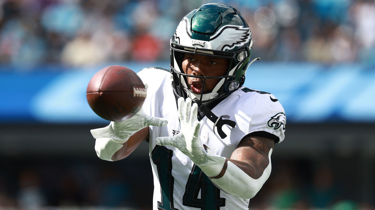 CHARLOTTE, NORTH CAROLINA - OCTOBER 10: Kenneth Gainwell #14 of the Philadelphia Eagles in action during their game against the Carolina Panthers at Bank of America Stadium on October 10, 2021 in Charlotte, North Carolina.