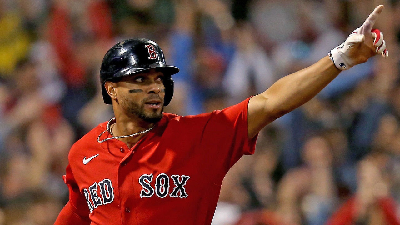 BOSTON MA - October 11: Xander Bogaerts #2 of the Boston Red Sox celebrates scoring on Alex Verdugo"u2019s RBI double during the third inning of Game 4 of the ALDS against the Tampa Bay Rays at Fenway Park on October 11, 2021 in Boston, Massachusetts. (Staff Photo By Matt Stone/MediaNews Group/Boston Herald)