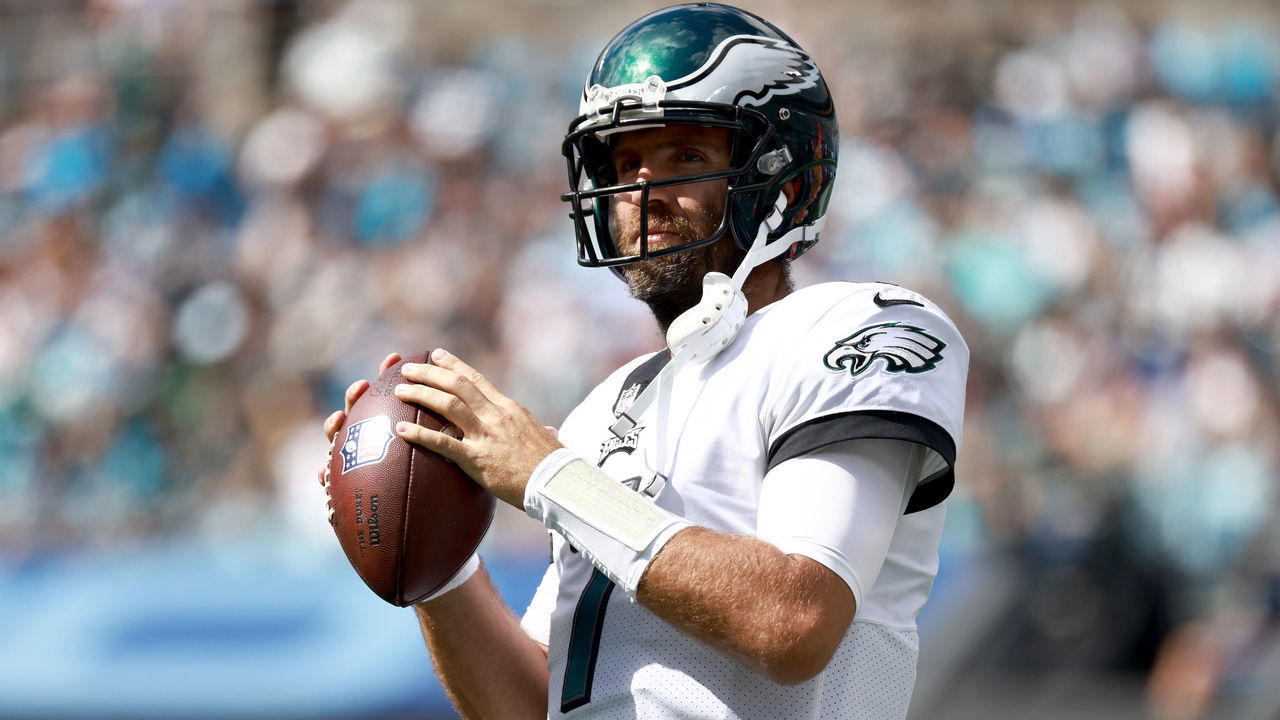 CHARLOTTE, NORTH CAROLINA - OCTOBER 10: Joe Flacco #7 of the Philadelphia Eagles during their game against the Carolina Panthers at Bank of America Stadium on October 10, 2021 in Charlotte, North Carolina.