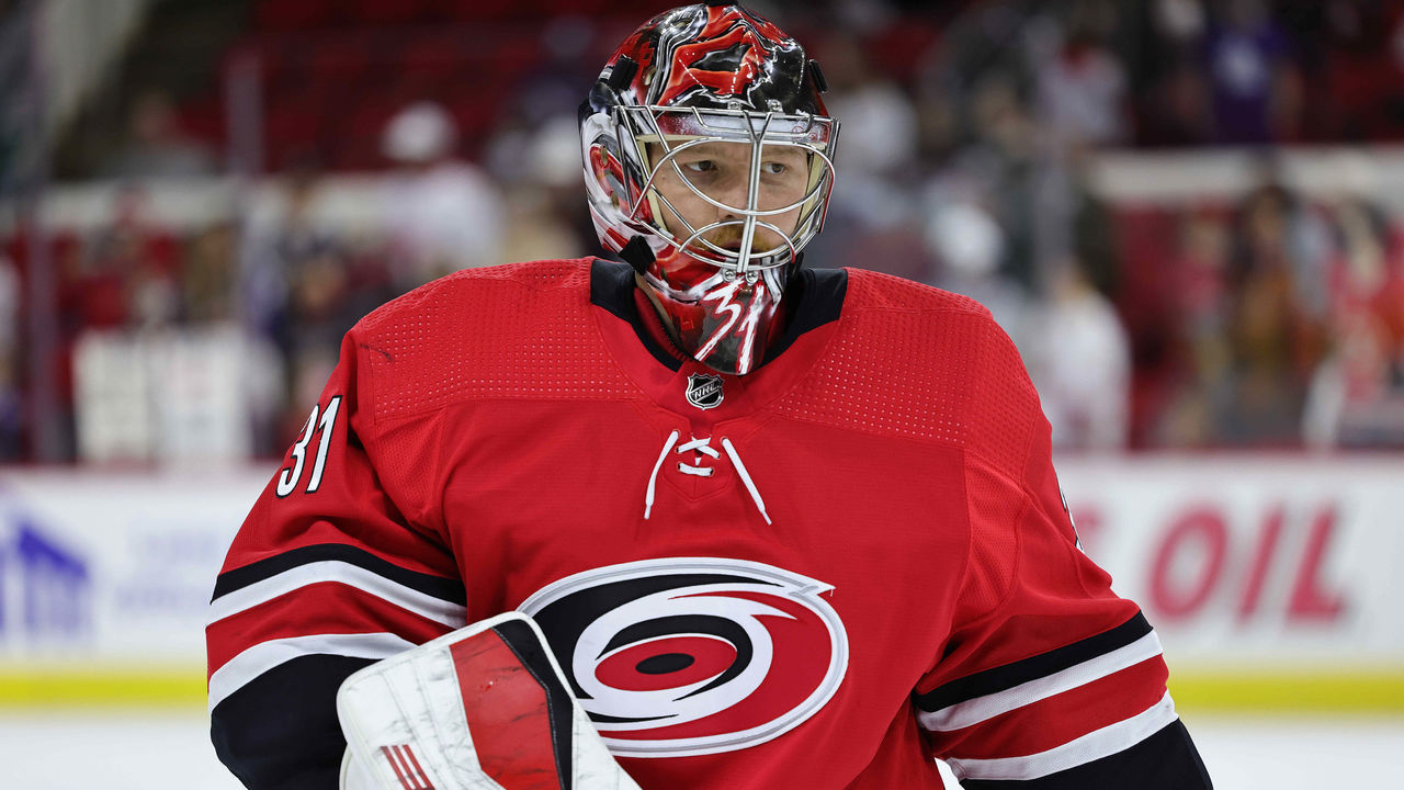 RALEIGH, NC - OCTOBER 14: Frederik Anderson #31 of the Carolina Hurricanes skates during warms up prior to an NHL game against the Toronto Maple Leafs October 25, 2021 at PNC Arena in Raleigh, North Carolina.