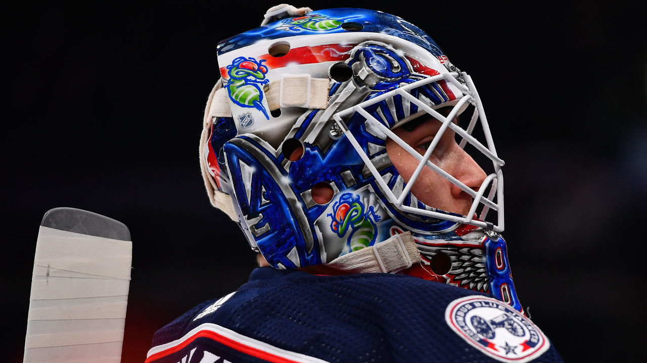 COLUMBUS, OH - OCTOBER 25: Elvis Merzlikins #90 of the Columbus Blue Jackets looks on during warmups before a game against the Dallas Stars at Nationwide Arena on October 25, 2021 in Columbus, Ohio.