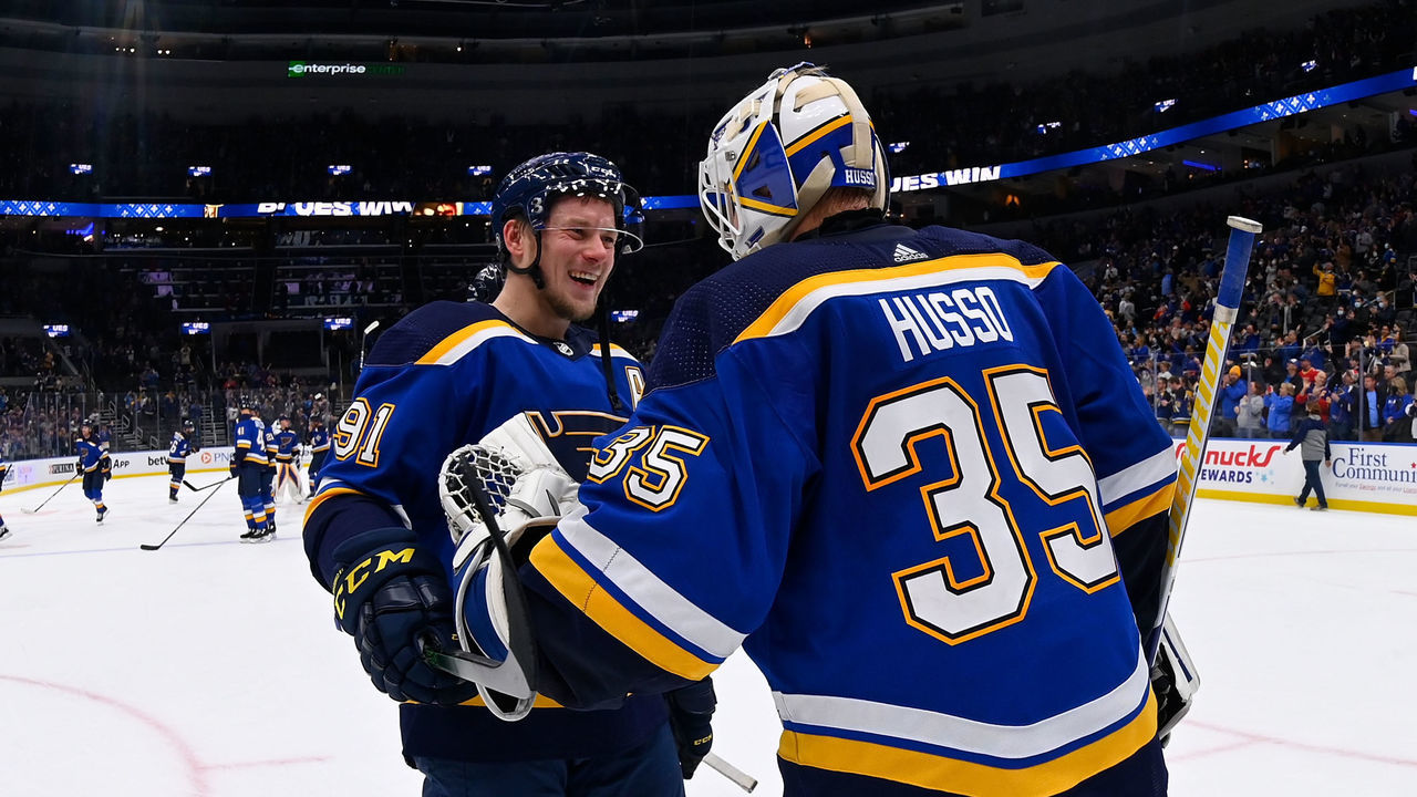 ST. LOUIS, MO - OCTOBER 25: Vladimir Tarasenko #91 of the St. Louis Blues and Ville Husso #35 of the St. Louis Blues celebrate their victory over the Los Angeles Kings at the Enterprise Center on October 25, 2021 in St. Louis, Missouri.