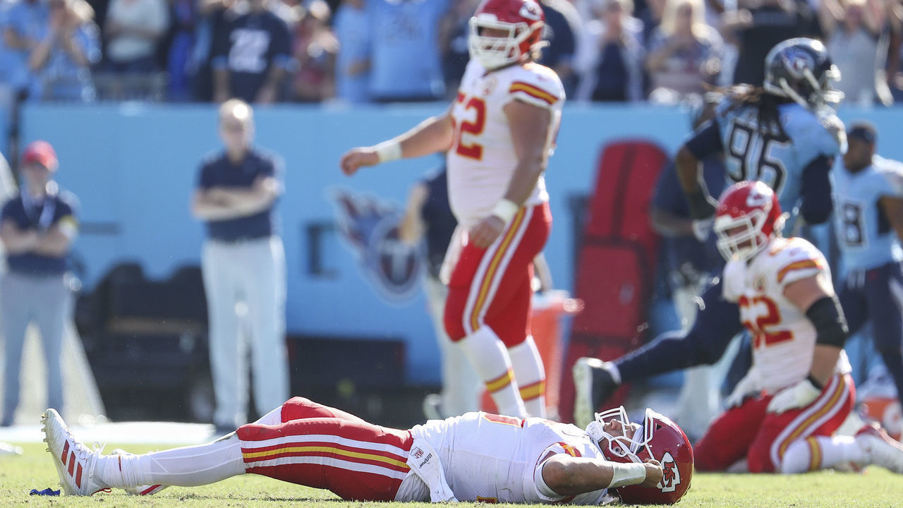 NASHVILLE, TENNESSEE - OCTOBER 24: Patrick Mahomes #15 of the Kansas City Chiefs lays on the field in the fourth quarter against the Tennessee Titans in the game at Nissan Stadium on October 24, 2021 in Nashville, Tennessee.
