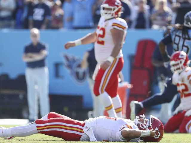 NASHVILLE, TENNESSEE - OCTOBER 24: Patrick Mahomes #15 of the Kansas City Chiefs lays on the field in the fourth quarter against the Tennessee Titans in the game at Nissan Stadium on October 24, 2021 in Nashville, Tennessee.