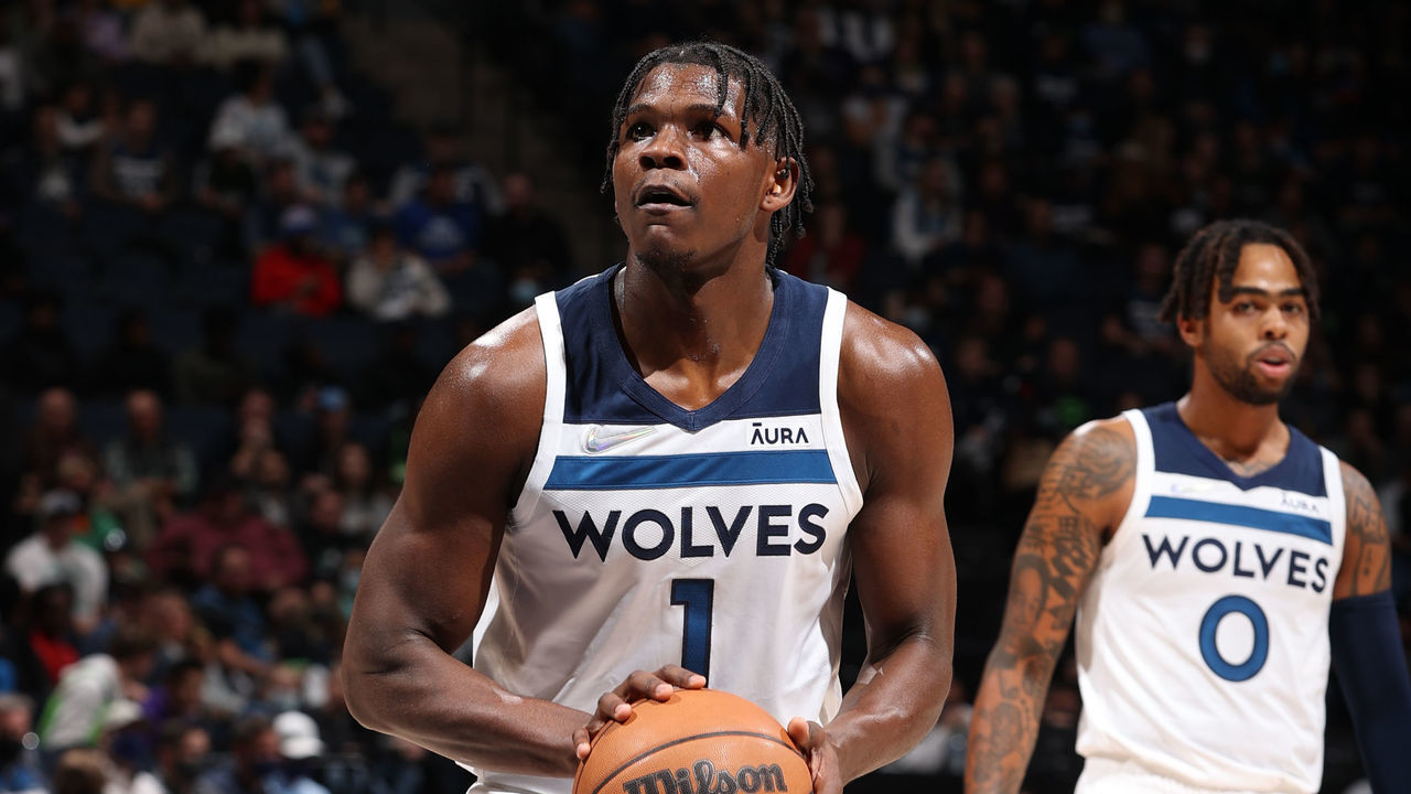 MINNEAPOLIS, MN - OCTOBER 25: Anthony Edwards #1 of the Minnesota Timberwolves shoots a foul shot against the New Orleans Pelicans on October 25, 2021 at Target Center in Minneapolis, Minnesota. Mandatory Copyright Notice: Copyright 2021 NBAE