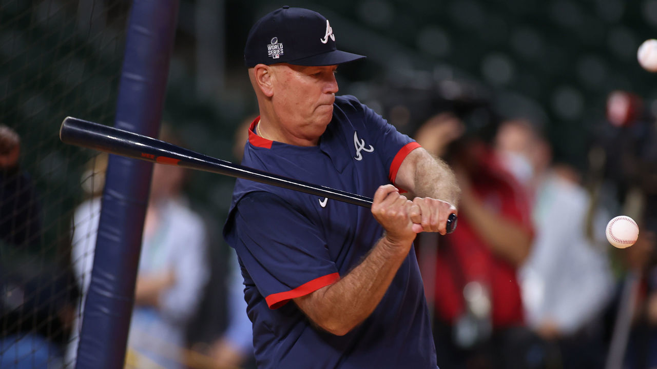 HOUSTON, TEXAS - OCTOBER 25: Brian Snitker #43 of the Atlanta Braves participates in a workout prior to the start of the World Series against the Houston Astros at Minute Maid Park on October 25, 2021 in Houston, Texas.