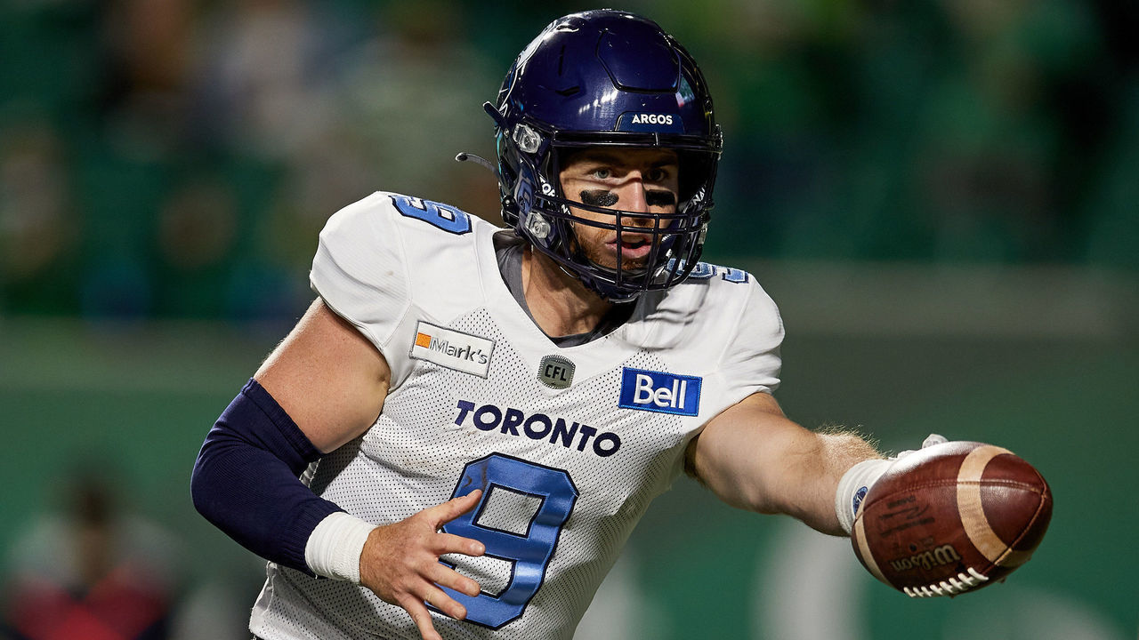 REGINA, SK - SEPTEMBER 17: Nick Arbuckle #9 of the Toronto Argonauts looks to hand the ball off in the game between the Toronto Argonauts and Saskatchewan Roughriders at Mosaic Stadium on September 17, 2021 in Regina, Canada.