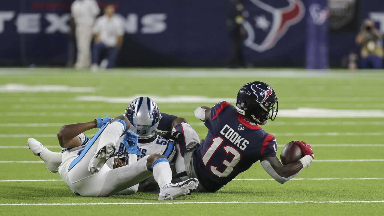 HOUSTON, TX - SEPTEMBER 23: Houston Texans wide receiver Brandin Cooks (13) completes a catch in the fourth quarter during the football game between the Carolina Panthers and Houston Texans on September 23, 2021 at NRG Stadium in Houston, Texas.