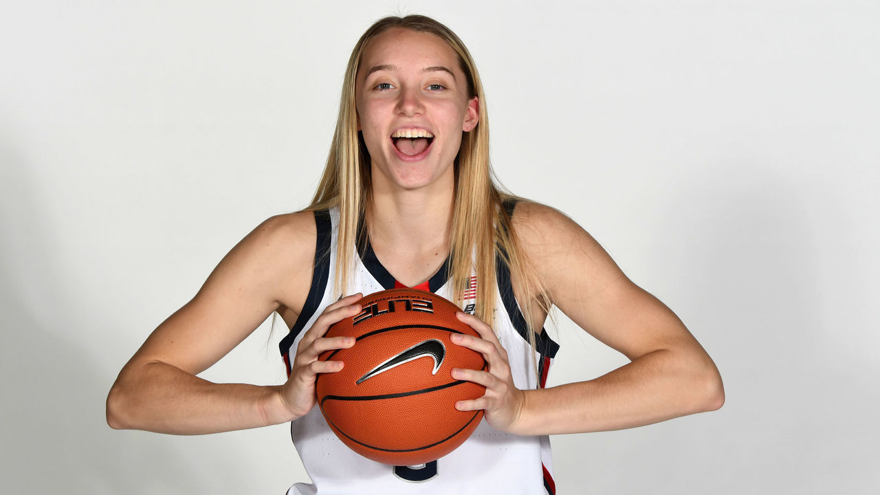 NEW YORK NEW YORK - OCTOBER 19: Paige Bueckers #5 of the Connecticut Huskies poses for a photo during the Big East Media Day at Madison Square Garden on October 19, 2021 in New York City.