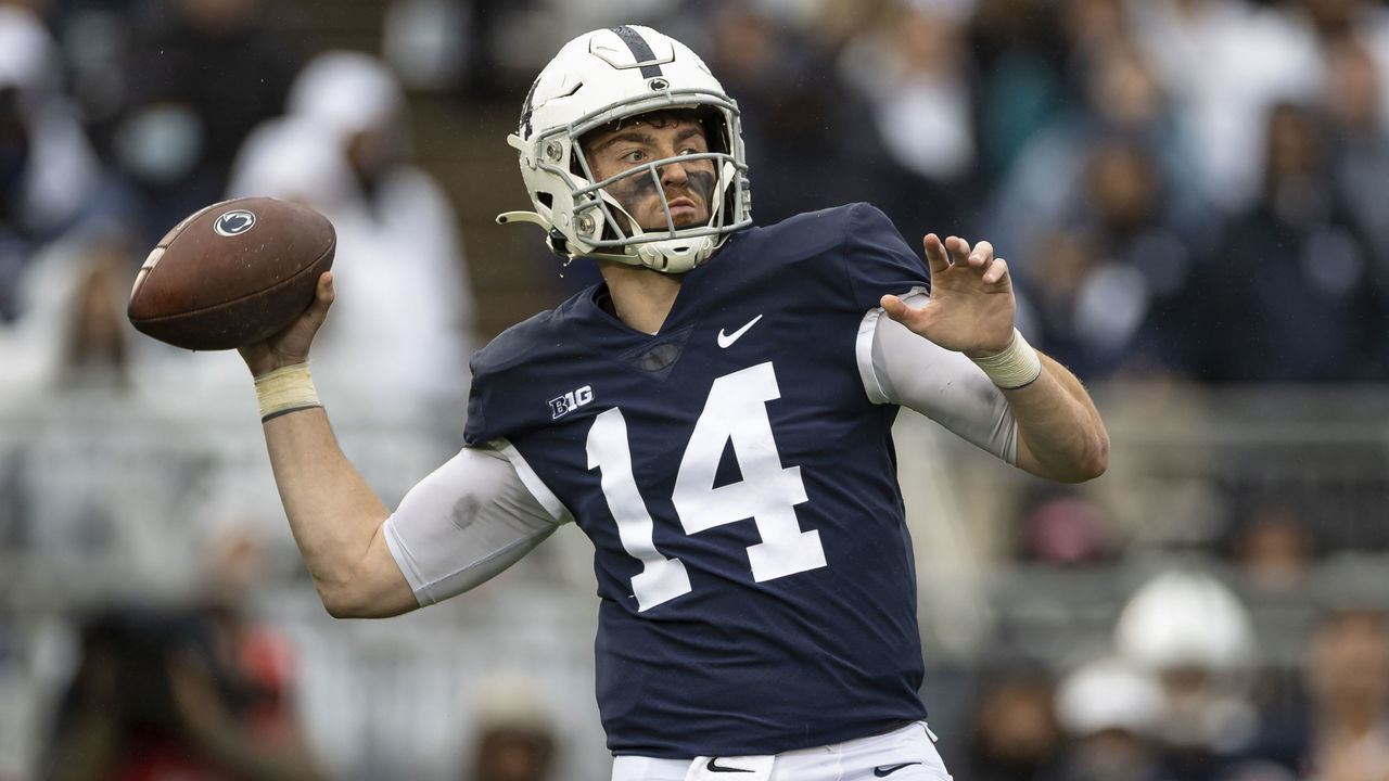 STATE COLLEGE, PA - OCTOBER 23: Sean Clifford #14 of the Penn State Nittany Lions throws a pass against the Illinois Fighting Illini during the first half at Beaver Stadium on October 23, 2021 in State College, Pennsylvania.