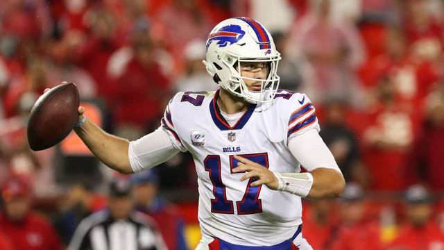 KANSAS CITY, MO - OCTOBER 10: Buffalo Bills quarterback Josh Allen (17) looks to throw in the fourth quarter of an NFL football game between the Buffalo Bills and Kansas City Chiefs on Oct 10, 2021 at GEHA Filed at Arrowhead Stadium in Kansas City, MO.