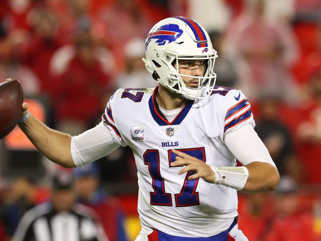 KANSAS CITY, MO - OCTOBER 10: Buffalo Bills quarterback Josh Allen (17) looks to throw in the fourth quarter of an NFL football game between the Buffalo Bills and Kansas City Chiefs on Oct 10, 2021 at GEHA Filed at Arrowhead Stadium in Kansas City, MO.