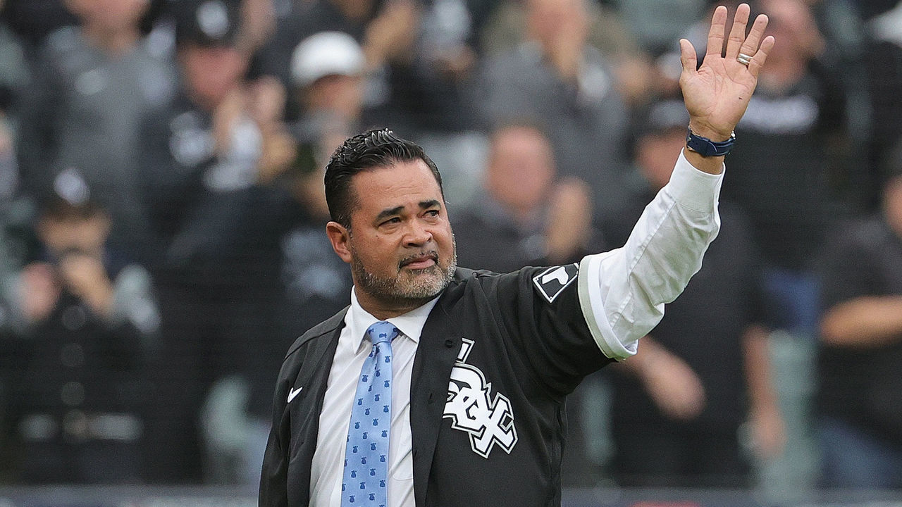 CHICAGO, ILLINOIS - OCTOBER 12: Former Chicago White Sox manager Ozzie Guillen waves to the crowd before throwing a ceremonial first pitch before the White Sox take on the Houston Astros at Guaranteed Rate Field on October 12, 2021 in Chicago, Illinois. The Astros defeated the White Sox 10-1.