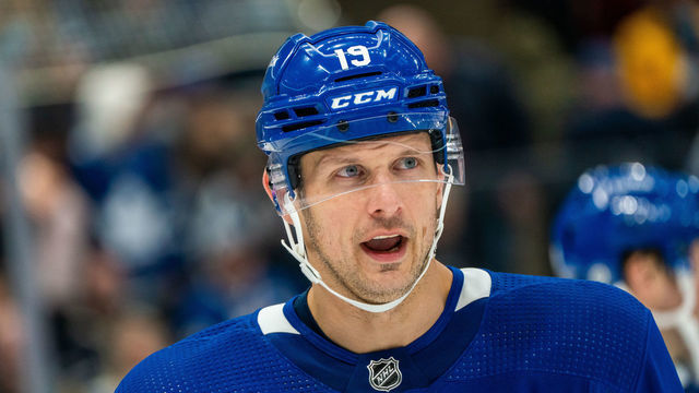 TORONTO, ON - OCTOBER 18: Jason Spezza #19 of the Toronto Maple Leafs looks on against the New York Rangers during the third period at the Scotiabank Arena on October 18, 2021 in Toronto, Ontario, Canada.