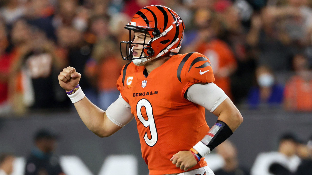 CINCINNATI, OHIO - SEPTEMBER 30: Joe Burrow #9 of the Cincinnati Bengals celebrates after scoring a touchdown in the fourth quarter against the Jacksonville Jaguars at Paul Brown Stadium on September 30, 2021 in Cincinnati, Ohio.